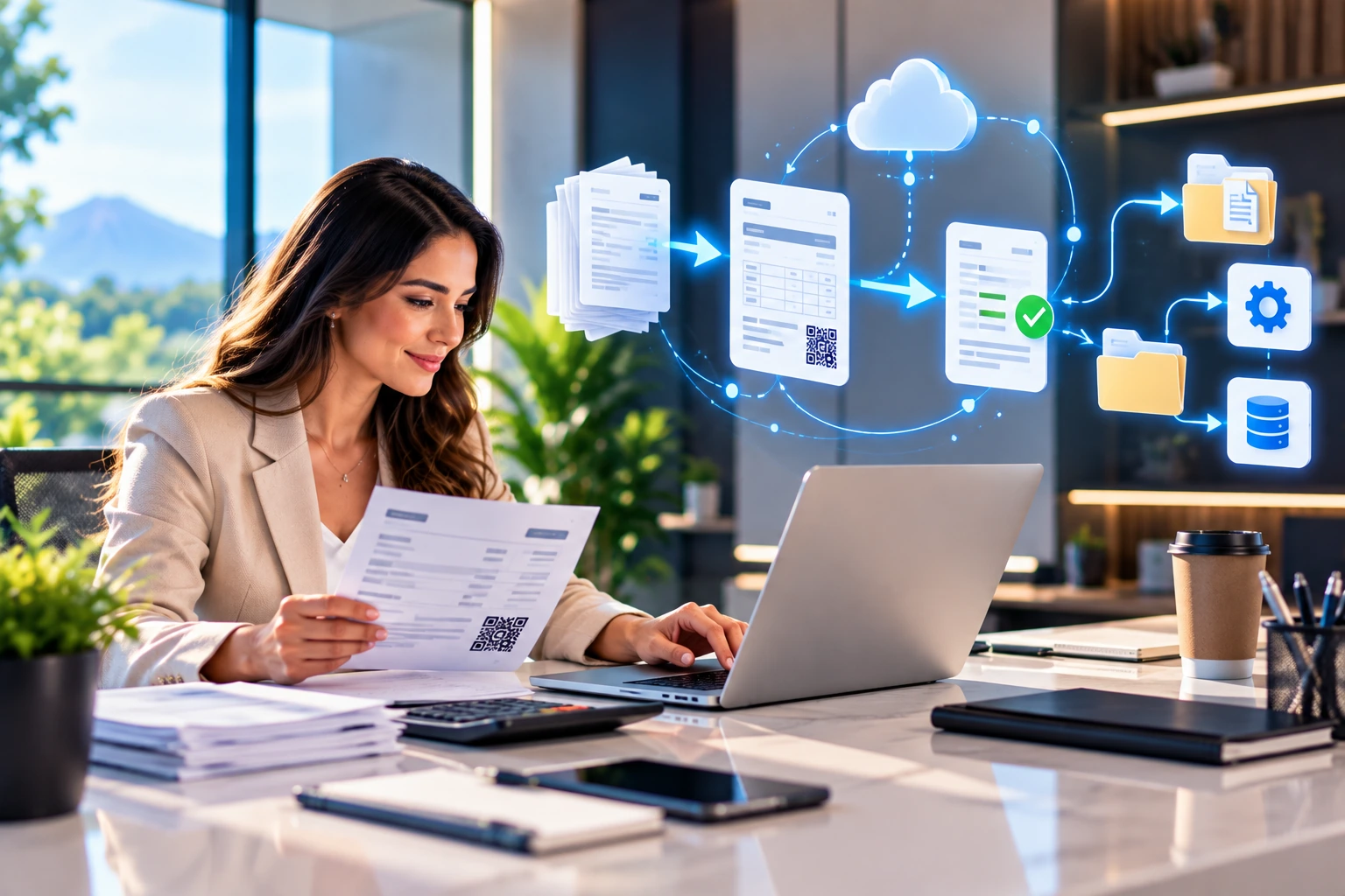 Equipo contable valida la facturación electrónica en pantalla con documentos aprobados y archivados en la nube