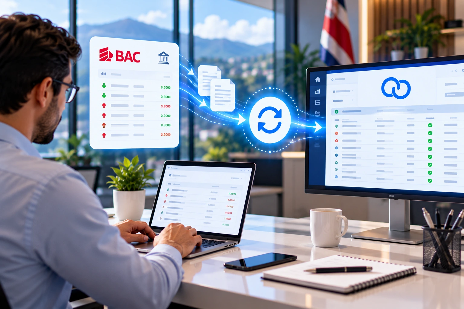 Persona frente a una laptop y un monitor que muestran la conciliación bancaria automática en Softland ERP