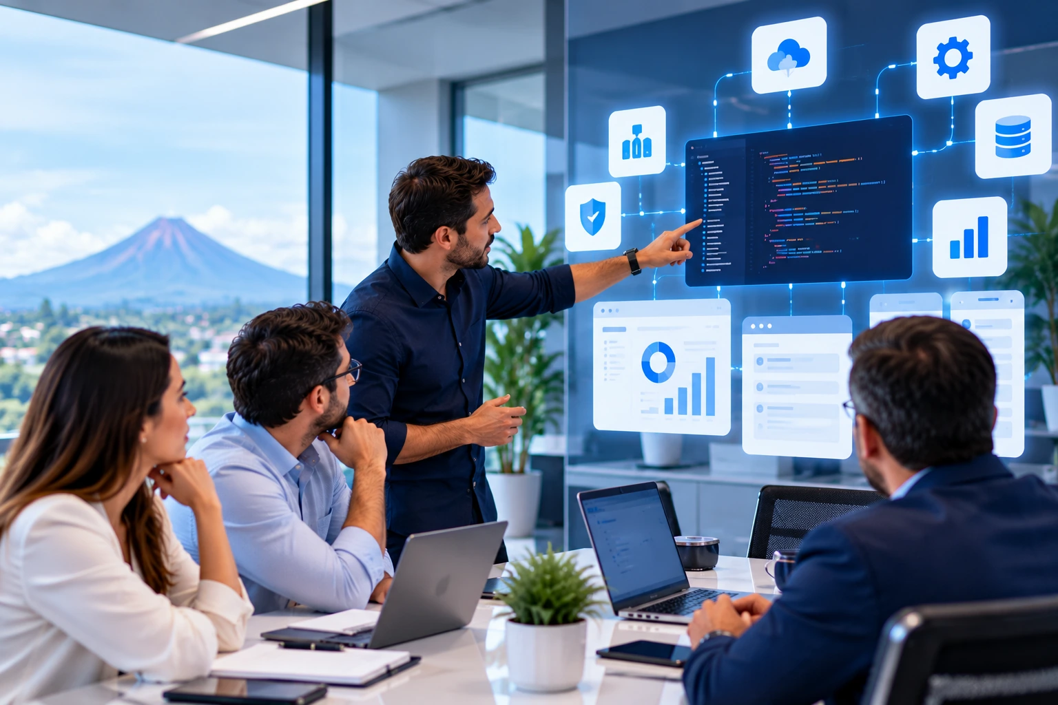 Desarrollador presenta a su equipo integraciones en la nube y seguridad de datos en una pantalla grande