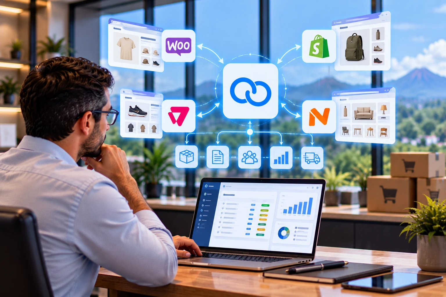 Profesional frente a una laptop con Softland ERP conectado a una tienda en línea (WooCommerce, Shopify, VTEX, Nidux)