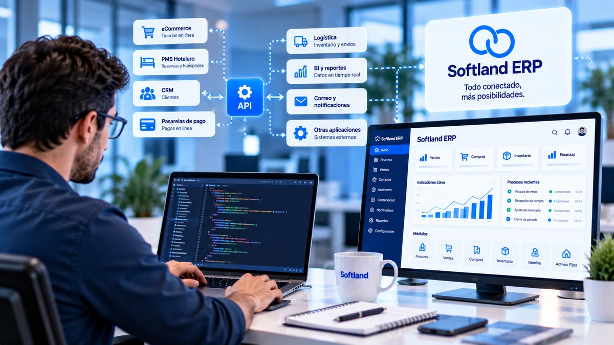 Desarrollador programa integraciones API de Softland ERP mientras un tablero muestra datos conectados