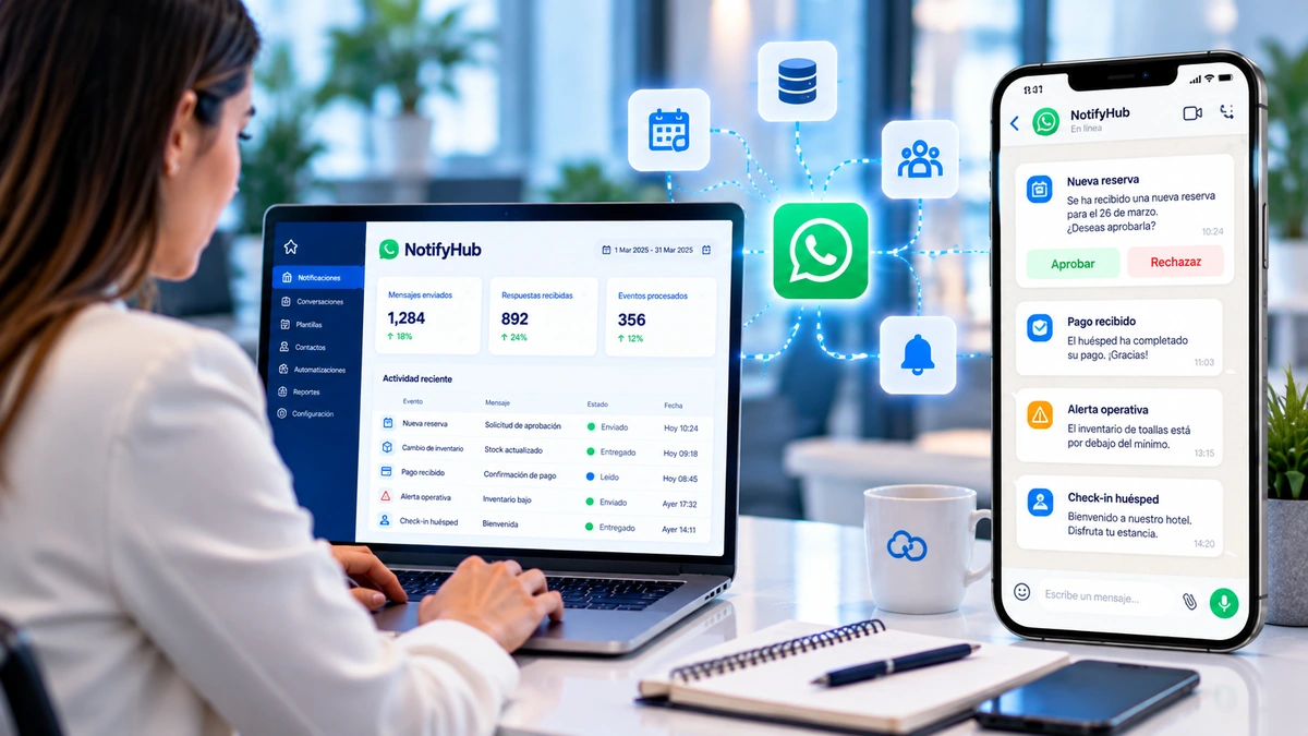 Panel de NotifyHub con notificaciones y aprobaciones por WhatsApp en una laptop y un teléfono móvil