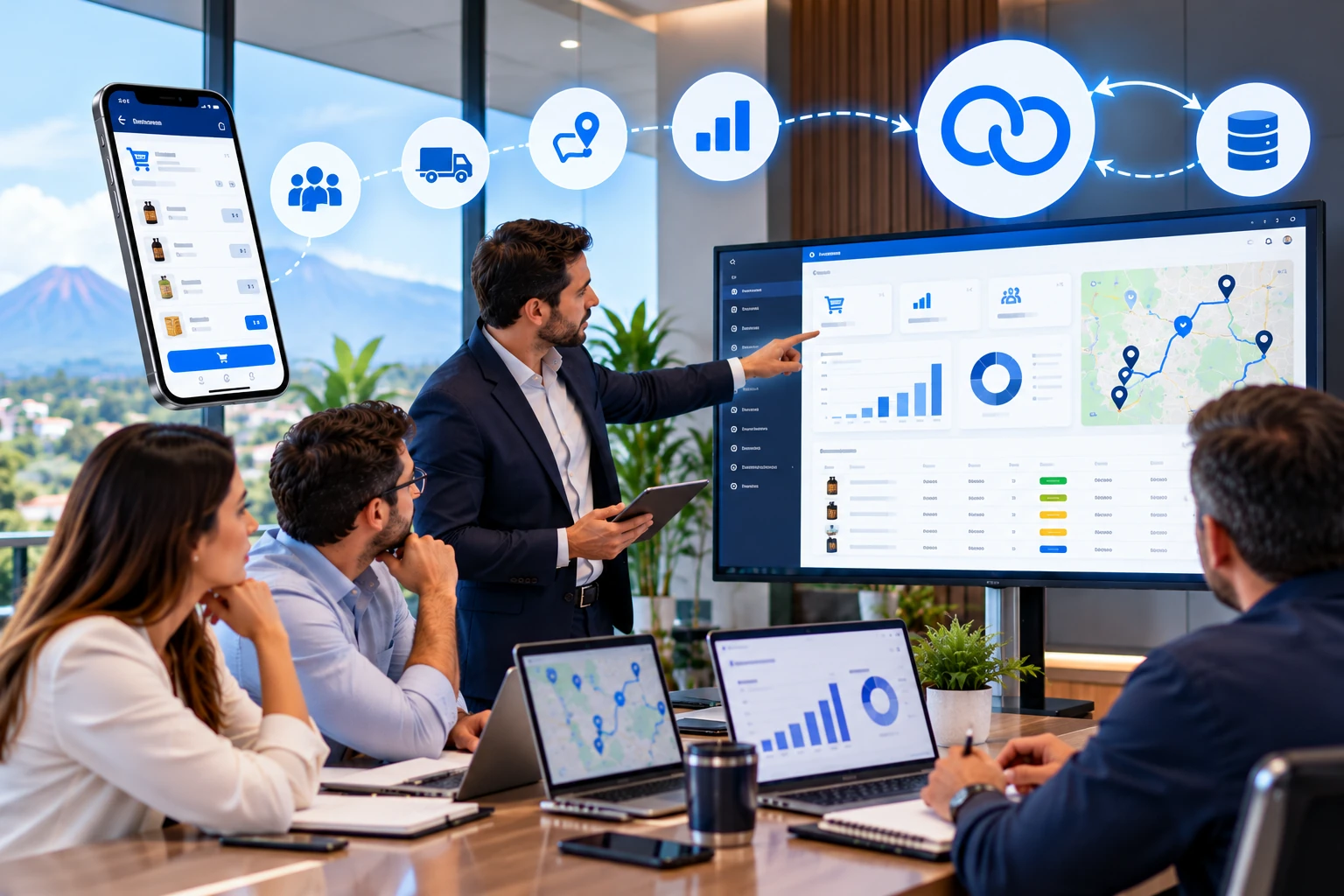 Gerente presenta a su equipo un tablero de ventas y distribución con mapa de rutas conectado a Softland ERP